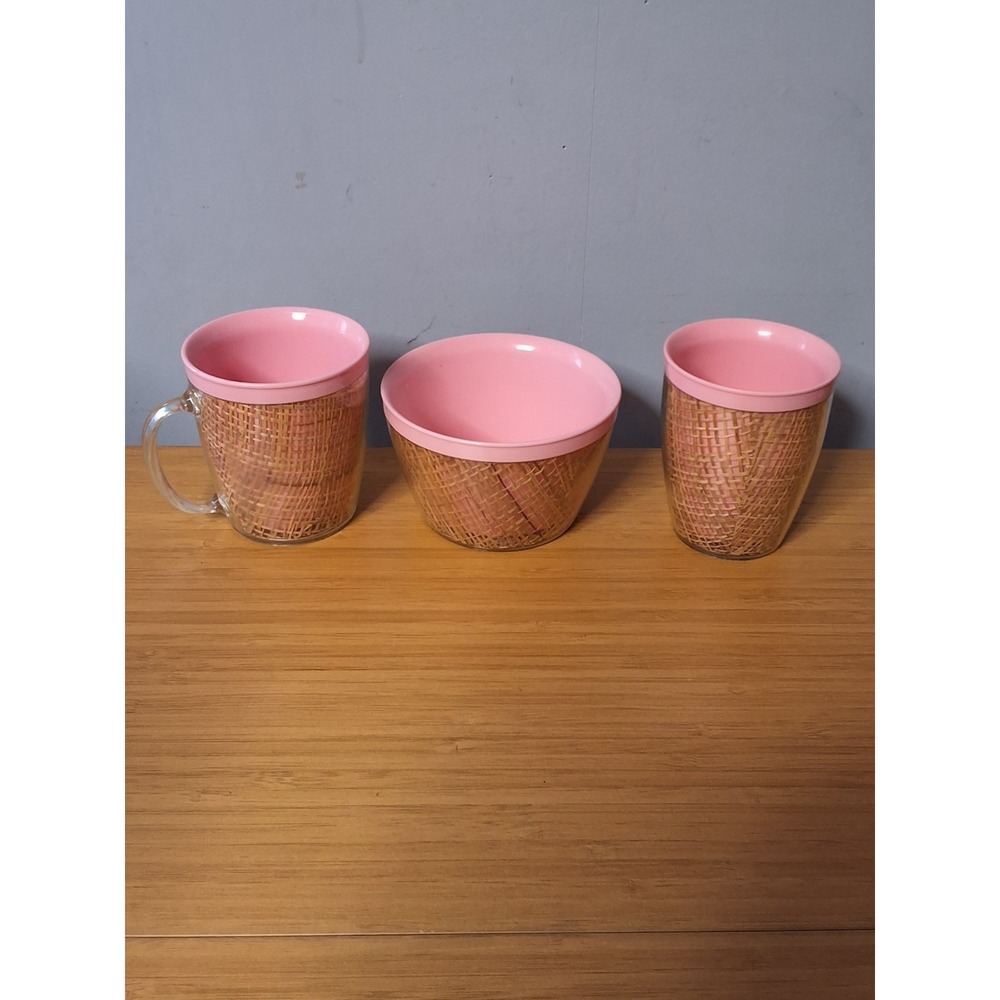 Vintage Raffia Ware Woven Burlap Melmac Thermo-Temp Bowl, Cup & Mug. Lot Of 3